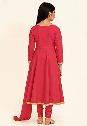 Plain Cotton Silk A Line Suit in Fuchsia