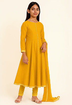 Plain Cotton Silk A Line Suit in Mustard