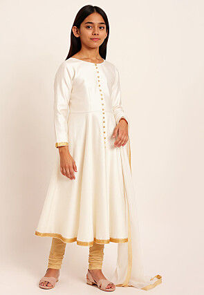 Plain Cotton Silk A Line Suit in Off White