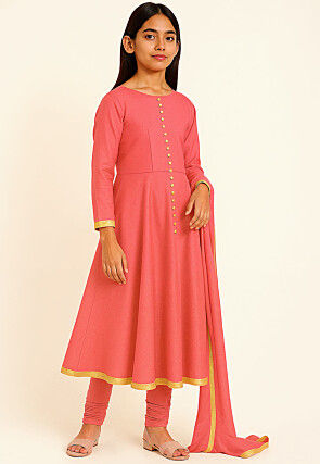 Plain Cotton Silk A Line Suit in Peach