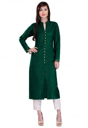 Plain Cotton Silk Front Slit Kurta Set in Teal Green