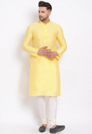 Plain Cotton Silk Kurta Set in Yellow