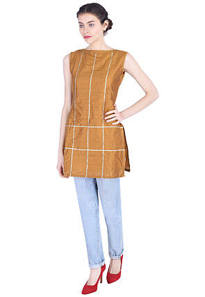 Plain Cotton Silk Kurti in Dark Mustard