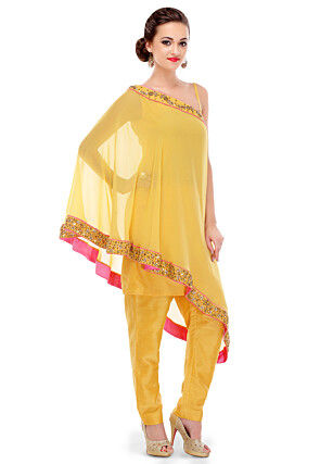 Plain Cotton Silk One Shoulder Cape Style Tunic in Yellow
