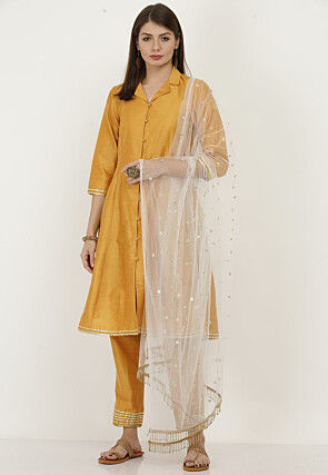 Plain Cotton Silk Pakistani Suit in Mustard