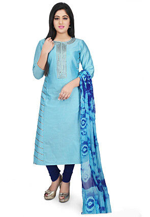 Plain Cotton Silk Straight Suit in Sky Blue