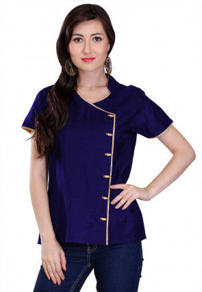 Plain Cotton Silk Top in Navy Blue