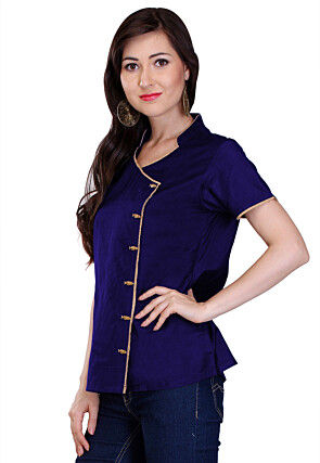 Plain Cotton Silk Top in Navy Blue