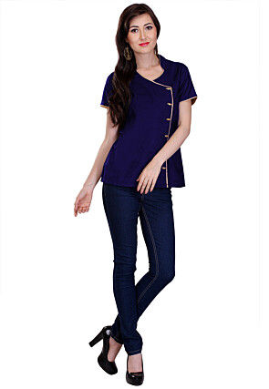 Plain Cotton Silk Top in Navy Blue