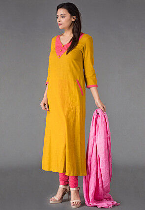 Plain Cotton Slub A Line Suit in Mustard