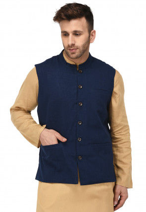 Plain  Cotton Slub Nehru Jacket in Navy Blue