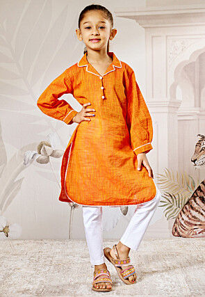 Plain Cotton Slub Straight Kurta Set in Orange