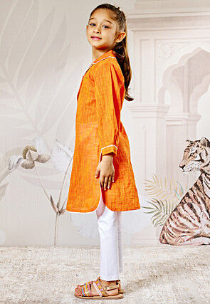 Plain Cotton Slub Straight Kurta Set in Orange