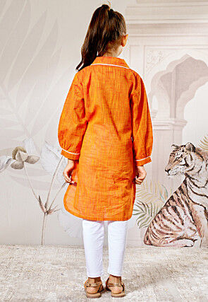 Plain Cotton Slub Straight Kurta Set in Orange