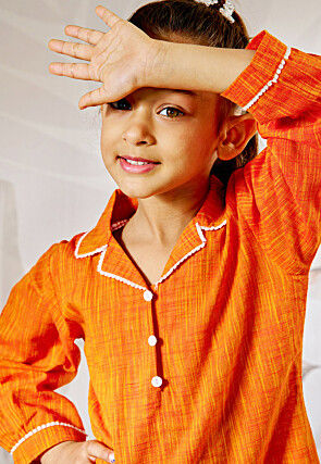Plain Cotton Slub Straight Kurta Set in Orange