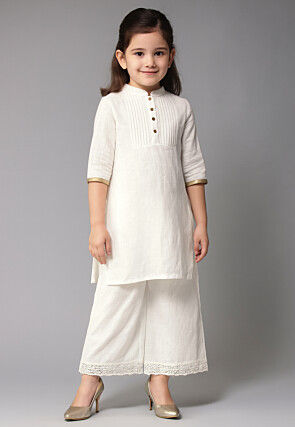 Plain Cotton Slub Straight Kurta Set in White