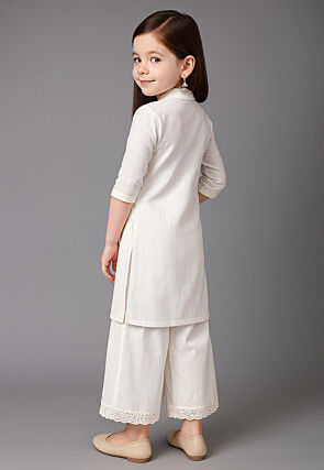 Plain Cotton Slub Straight Kurta Set in White