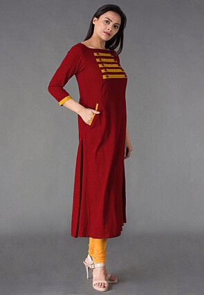 Plain Cotton Slub Straight Suit in Maroon
