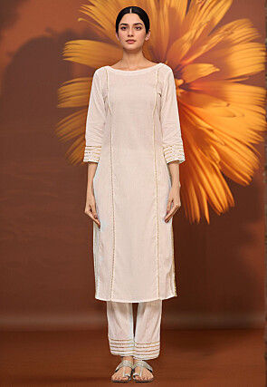 Plain Cotton Straight Kurta Set in Cream