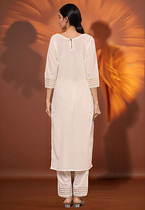 Plain Cotton Straight Kurta Set in Cream