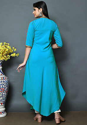 Plain Crepe Asymmetric Kurta in Blue