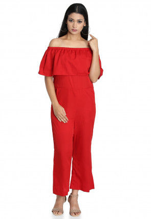 Ruffled Crepe Jumpsuit in Red