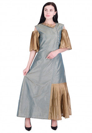Plain Dupion Silk A Line Dress in Teal Blue