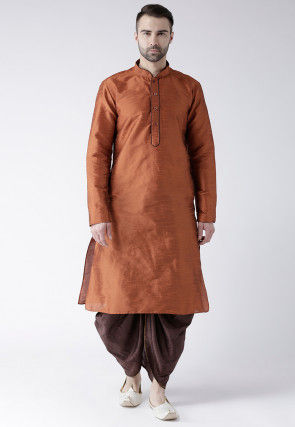 Plain Dupion Silk Dhoti Kurta in Rust