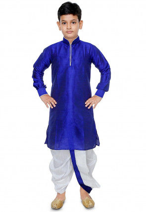 Plain Dupion Silk Dhoti Kurta Set in Royal Blue