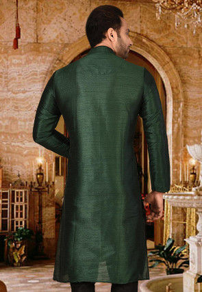 Plain Dupion Silk Kurta in Dark Green