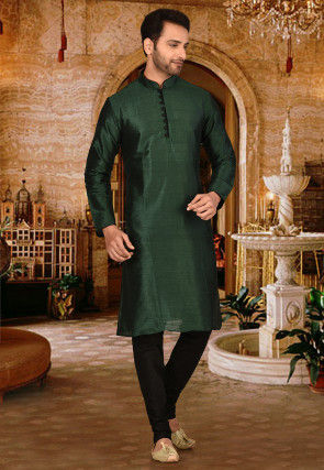 Plain Dupion Silk Kurta in Dark Green