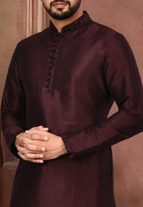 Plain Dupion Silk Kurta in Wine