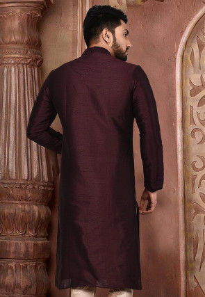 Plain Dupion Silk Kurta in Wine