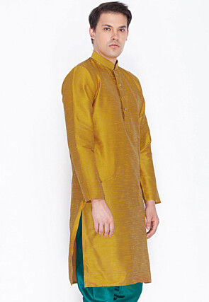 Plain Dupion Silk Kurta in Mustard