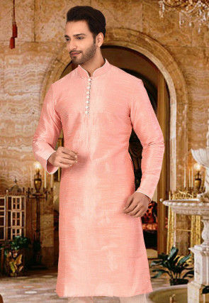 Plain Dupion Silk Kurta in Peach
