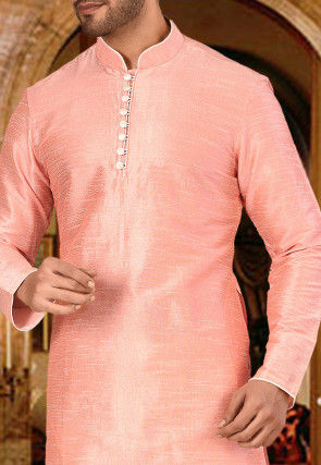 Plain Dupion Silk Kurta in Peach