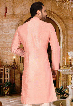 Plain Dupion Silk Kurta in Peach