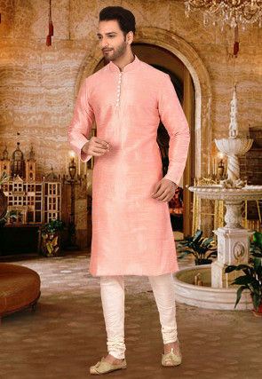 Plain Dupion Silk Kurta in Peach