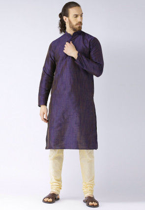 Plain Dupion Silk Kurta Pajama Set in Navy Blue