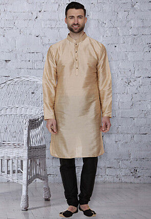 Plain Dupion Silk Kurta Set in Beige