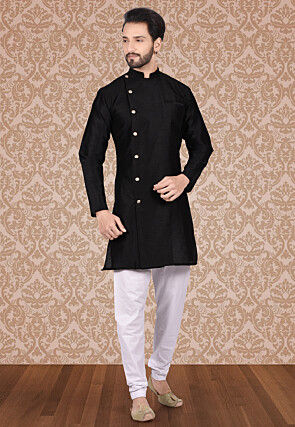 Plain Dupion Silk Sherwani in Black