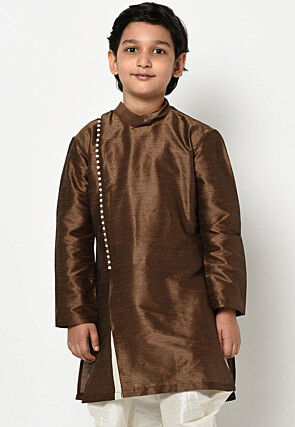 Plain Dupion Silk Kurta in Brown