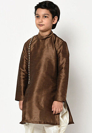 Plain Dupion Silk Kurta in Brown