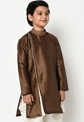 Plain Dupion Silk Kurta in Brown