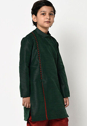 Plain Dupion Silk Kurta n Dark Green