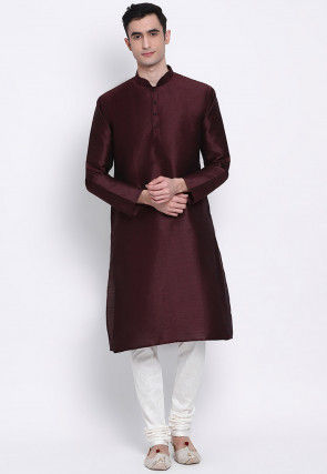 Plain Dupion Silk Kurta Set in Dark Wine MSF714