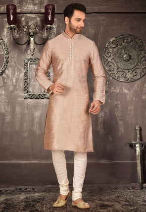 Plain Dupion Silk Kurta Set in Dusty peach