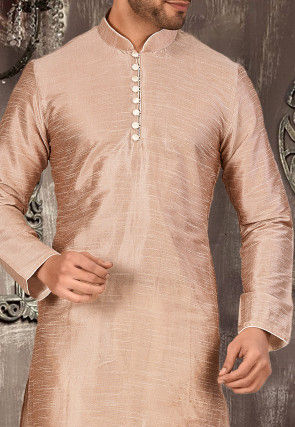 Plain Dupion Silk Kurta Set in Dusty peach