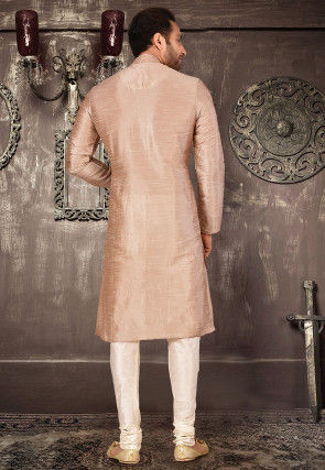 Plain Dupion Silk Kurta Set in Dusty peach
