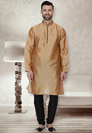 Plain Dupion Silk Kurta Set in Golden